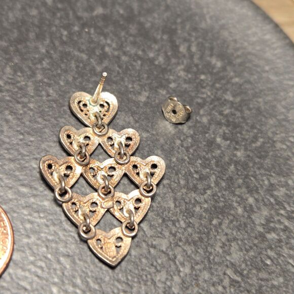 Dangly Stud hearts Sterling Silver Earrings - Picture 3 of 5